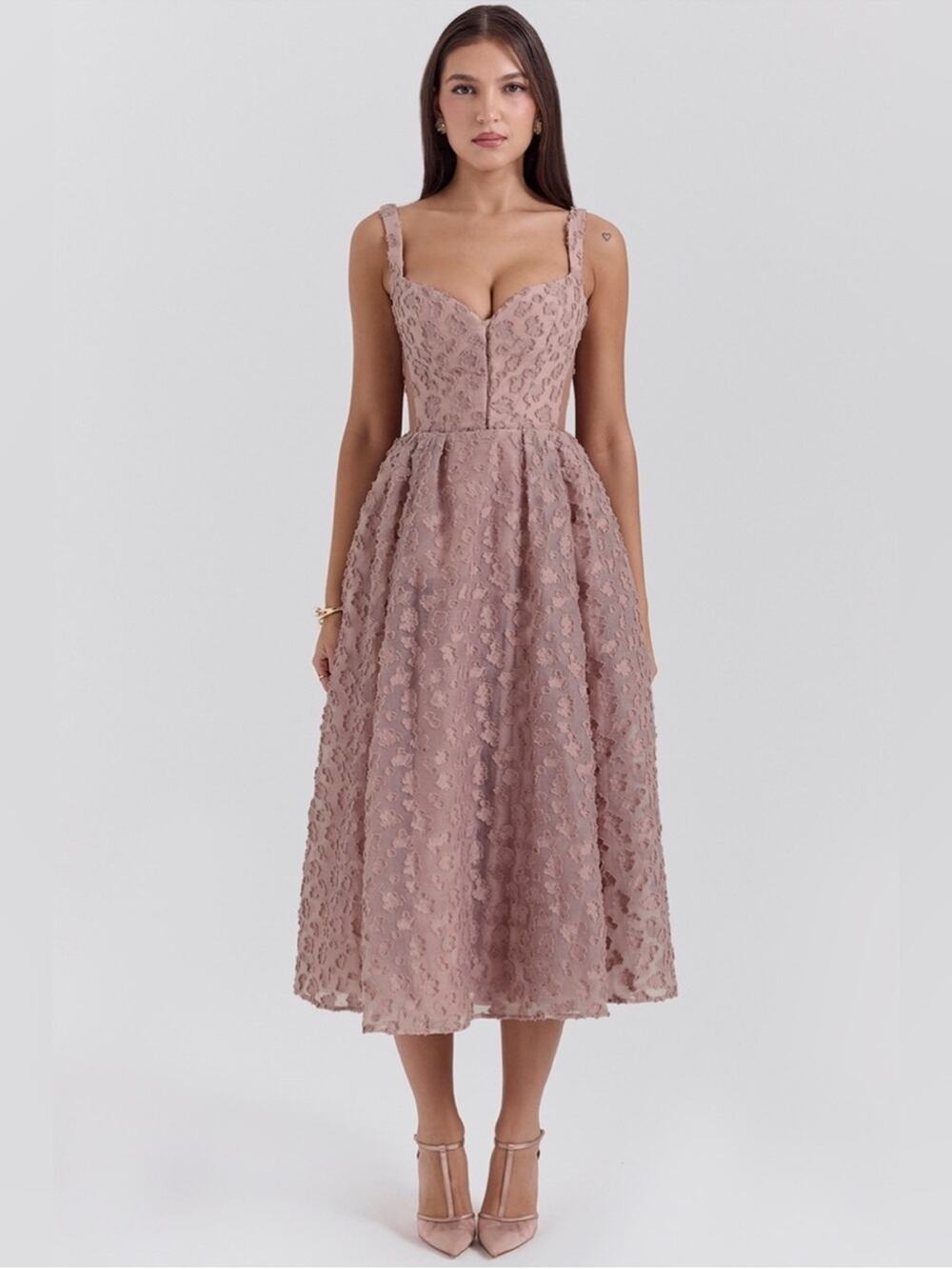 House of CB Lovely French Rose Jacquard Sweetheart Neckline Midi Dress L